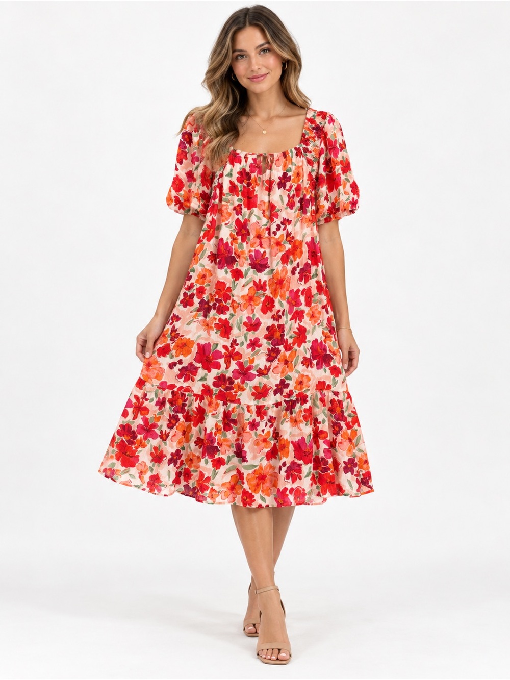 Easel dress Square Neck Floral Midi Dress in Red & Pink